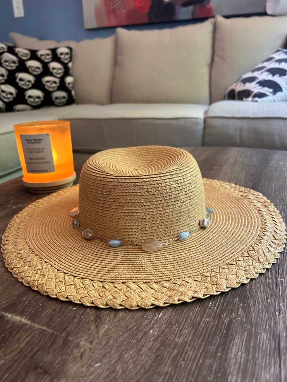 Wide Brim Straw Sun Hat with Beaded Accent - Natural